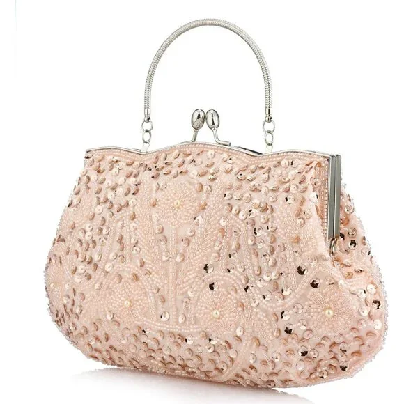 𝅺BEADED Sequin Flower Clutch Bag Champagne - Picture 3 of 8